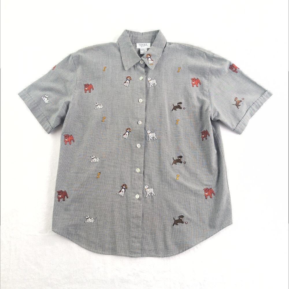 Vintage 90's Teddi Gingham Dog Mom Embroidered Dog & Bone Short Sleeve Women's M